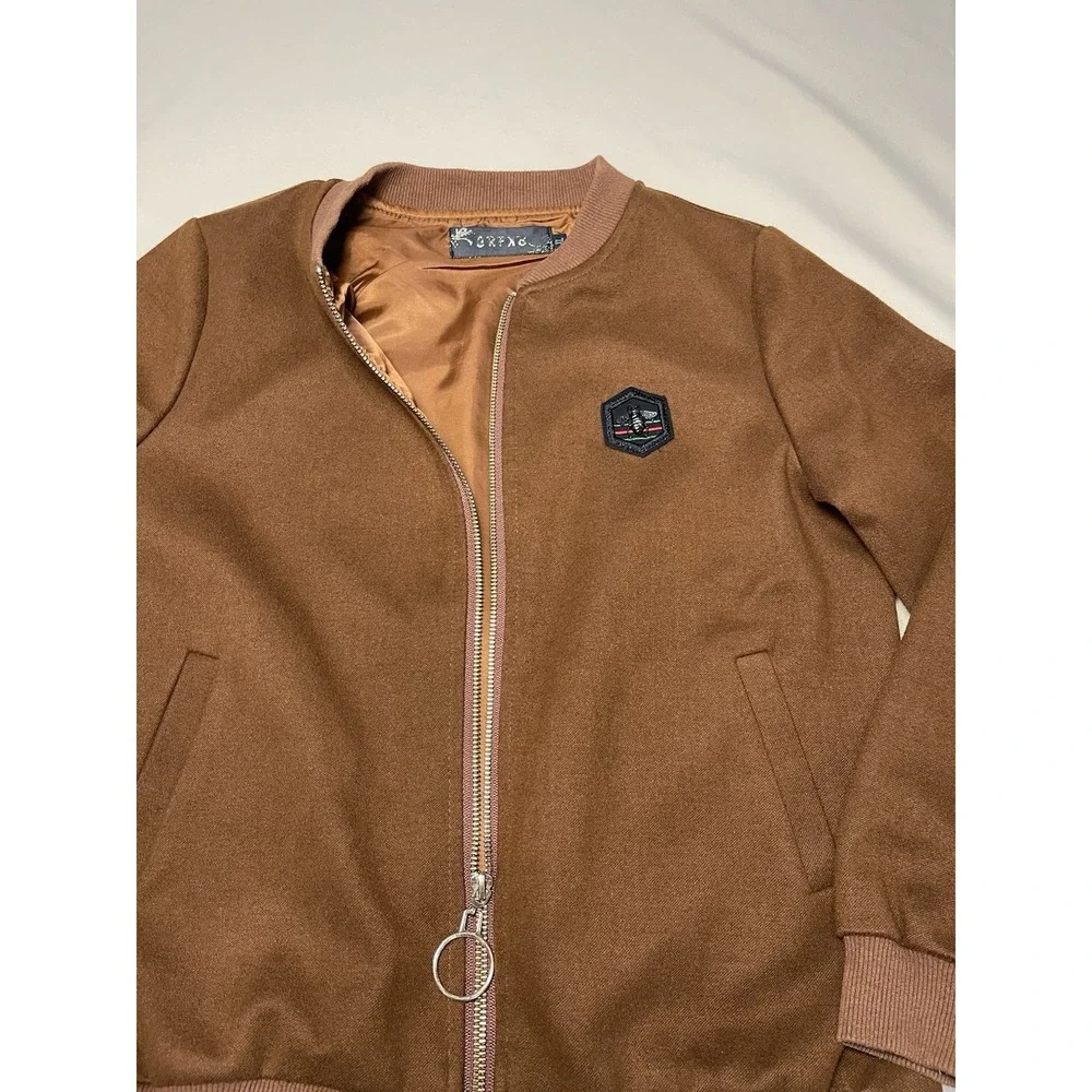 CRFXB Suede Feel Brown‎ Mens Bomber Jacket Size XL Gold Zipper And Bee Preppy